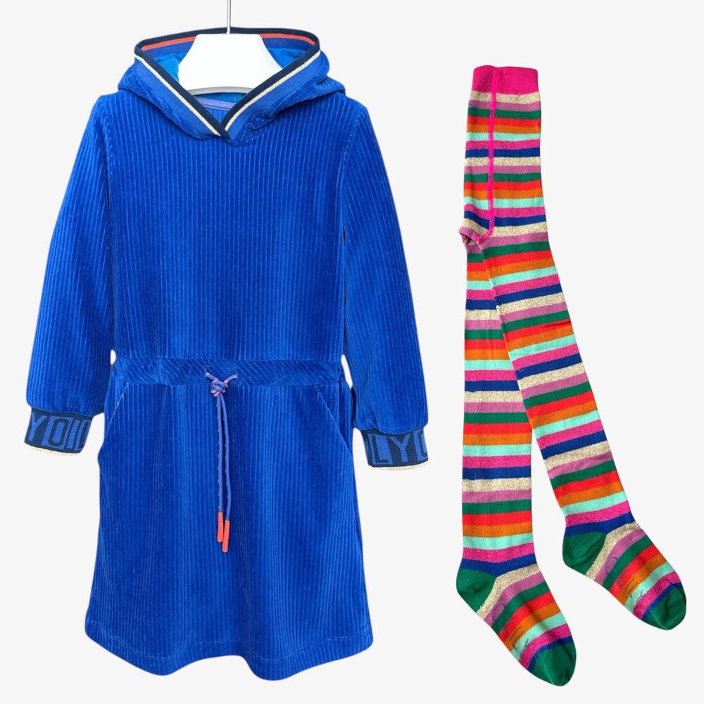 Oilily Velvet Rib Hoodie Sweat Dress and Striped Tights, Size 110 (5yr), Blue